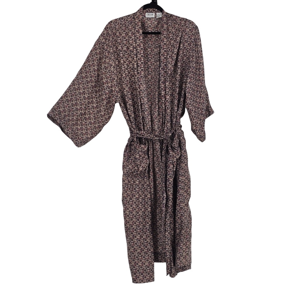 Vintage 90s Cezar 100% Silk Geometric Kimono Robe OS Red Navy Luxury Art Deco